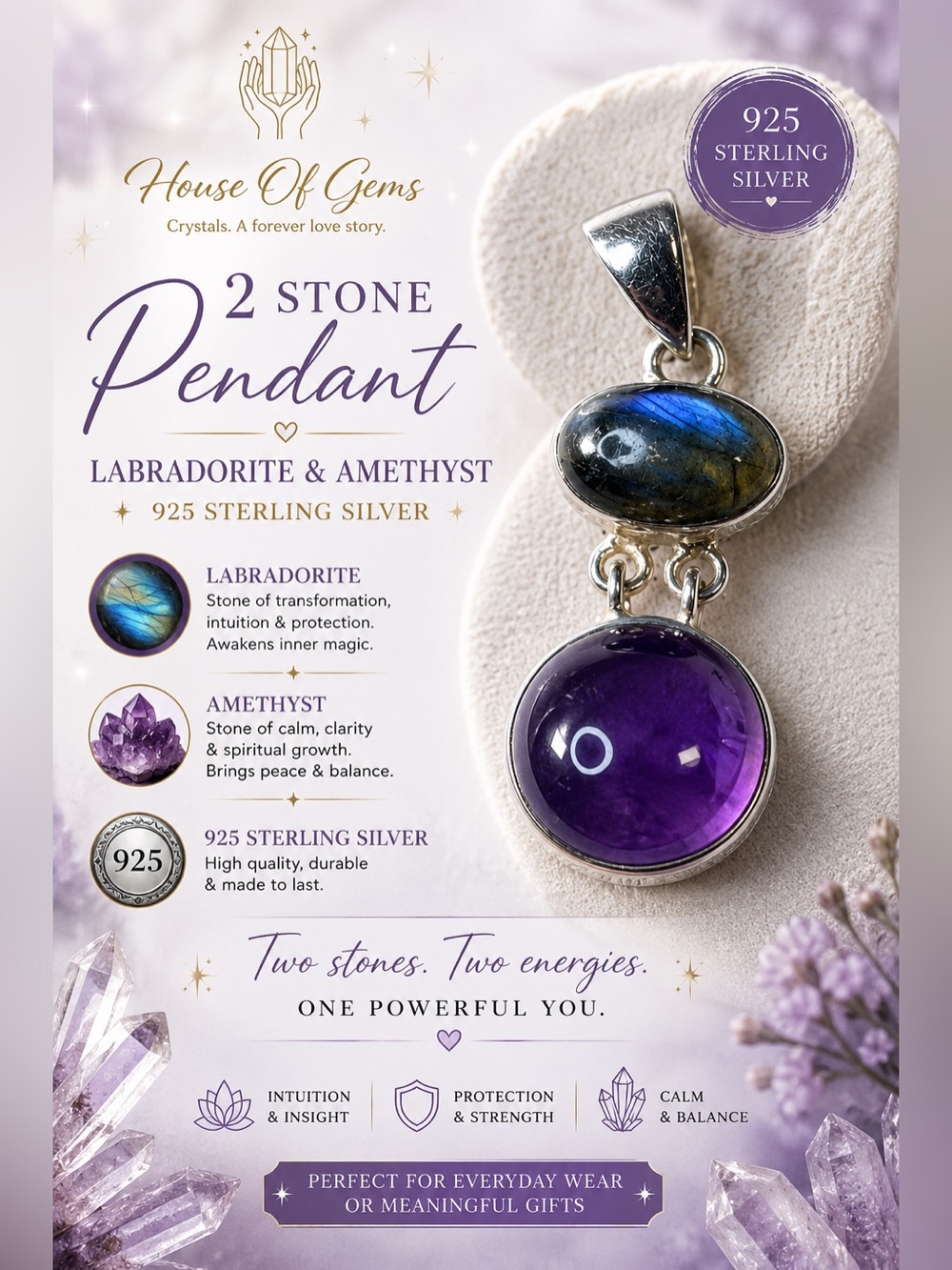 African Amethyst & Labradorite 925 Sterling Silver Two-Stone Pendant |